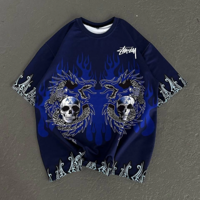 Bisiklet Yaka Baskılı Oversize T-Shirt - Lacivert -