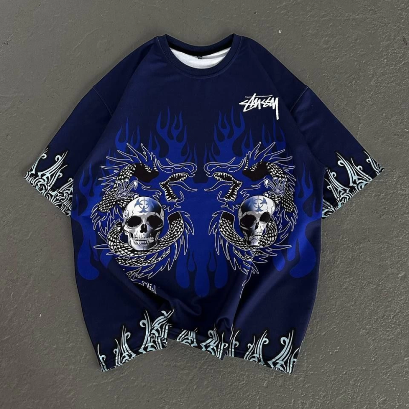 Bisiklet Yaka Baskılı Oversize T-Shirt - Lacivert -