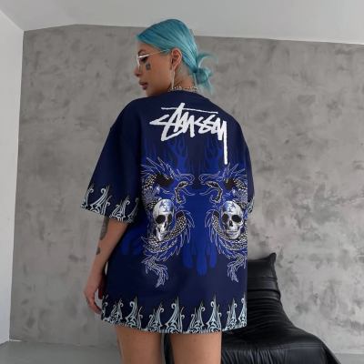 Bisiklet Yaka Baskılı Oversize T-Shirt - Lacivert -