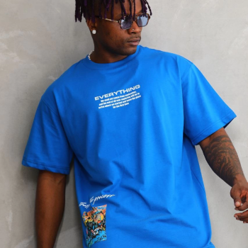 Bisiklet Yaka Baskılı Oversize T-Shirt - Mavi -