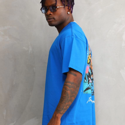 Bisiklet Yaka Baskılı Oversize T-Shirt - Mavi -