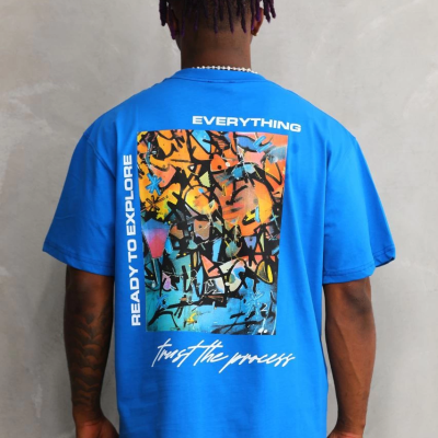 Bisiklet Yaka Baskılı Oversize T-Shirt - Mavi -