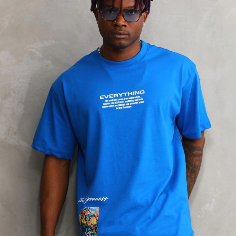 Bisiklet Yaka Baskılı Oversize T-Shirt - Mavi -