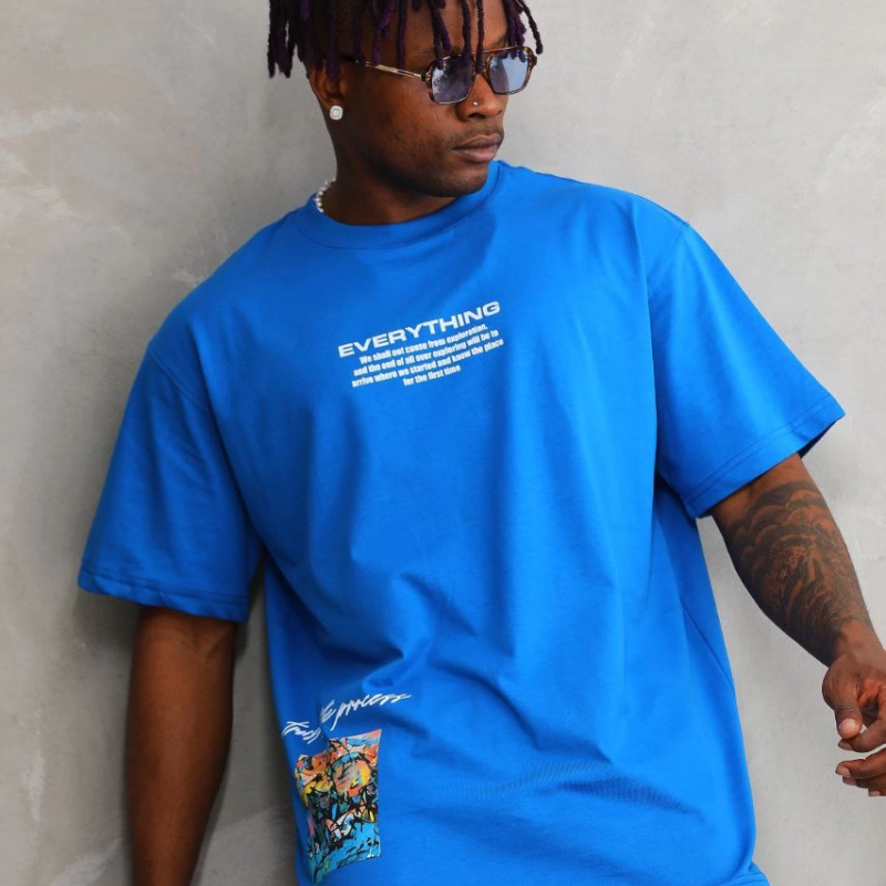 Bisiklet Yaka Baskılı Oversize T-Shirt - Mavi -