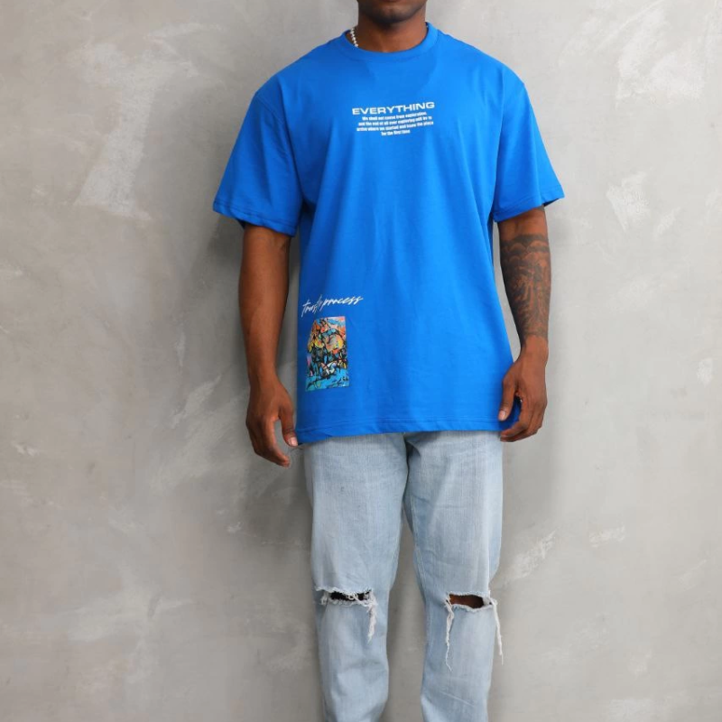 Bisiklet Yaka Baskılı Oversize T-Shirt - Mavi -