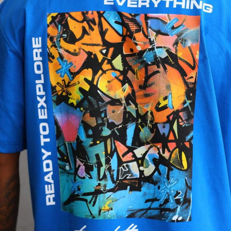 Bisiklet Yaka Baskılı Oversize T-Shirt - Mavi -