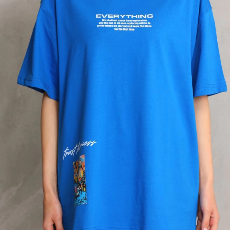 Bisiklet Yaka Baskılı Oversize T-Shirt - Mavi -