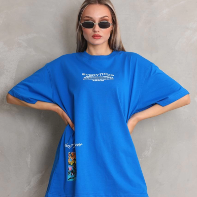 Bisiklet Yaka Baskılı Oversize T-Shirt - Mavi -