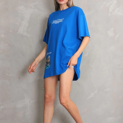 Bisiklet Yaka Baskılı Oversize T-Shirt - Mavi -