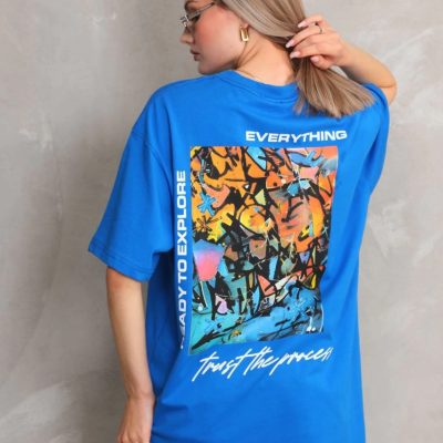 Bisiklet Yaka Baskılı Oversize T-Shirt - Mavi -