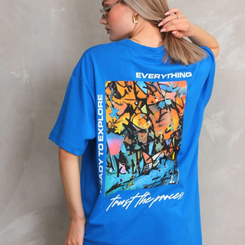 Bisiklet Yaka Baskılı Oversize T-Shirt - Mavi -