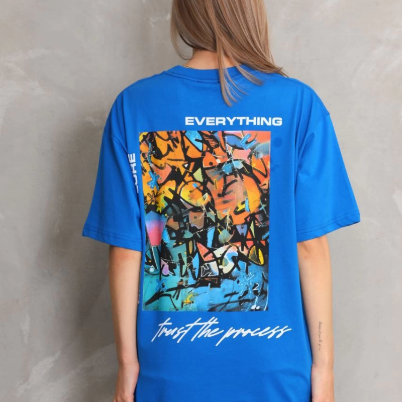 Bisiklet Yaka Baskılı Oversize T-Shirt - Mavi -