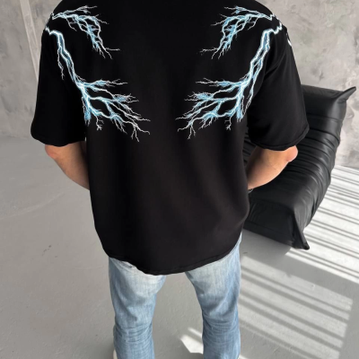 Bisiklet Yaka Baskılı Oversize T-Shirt - Siyah -