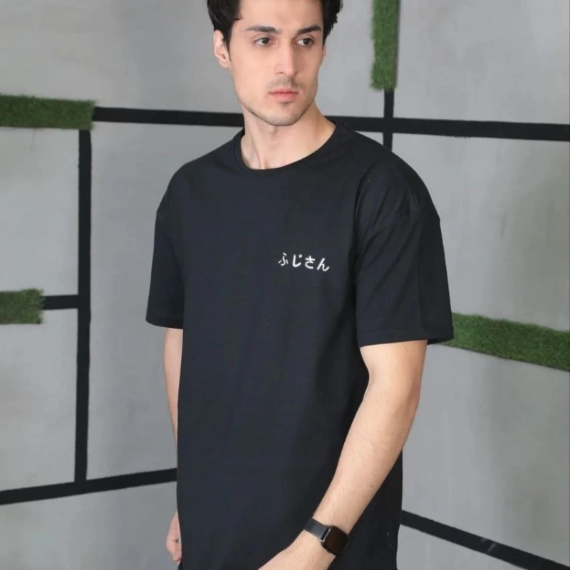 Bisiklet Yaka Baskılı Oversize T-Shirt - Siyah -