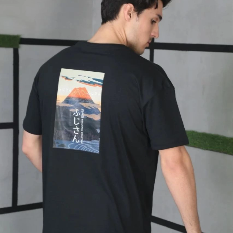 Bisiklet Yaka Baskılı Oversize T-Shirt - Siyah -