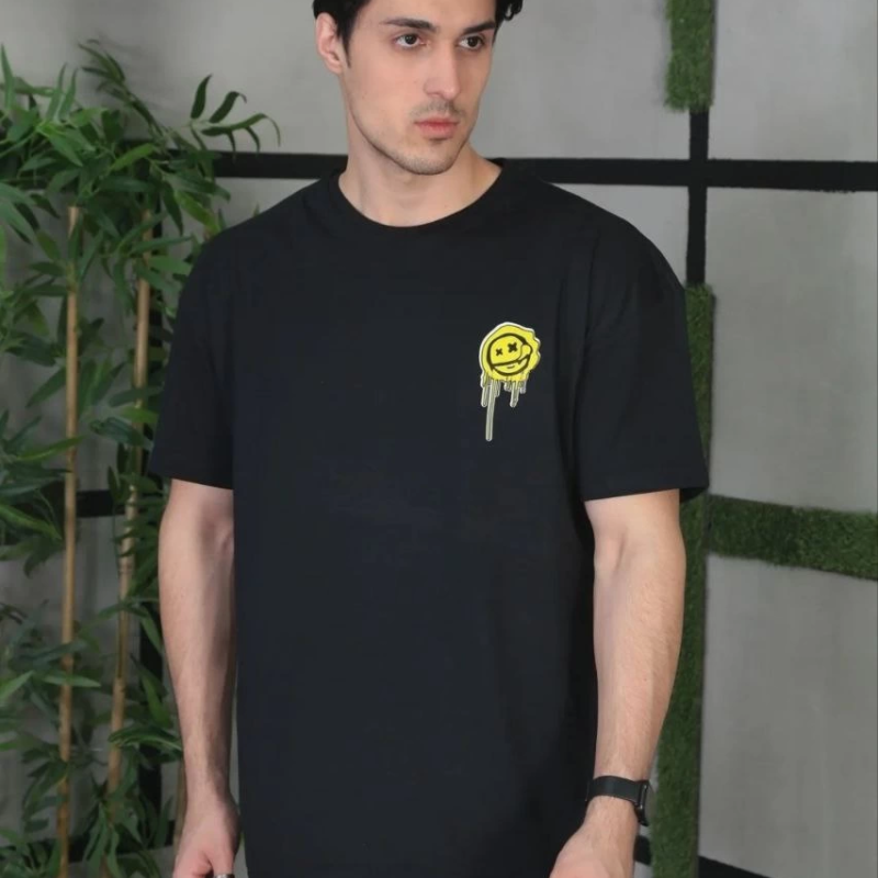 Bisiklet Yaka Baskılı Oversize T-Shirt - Siyah -