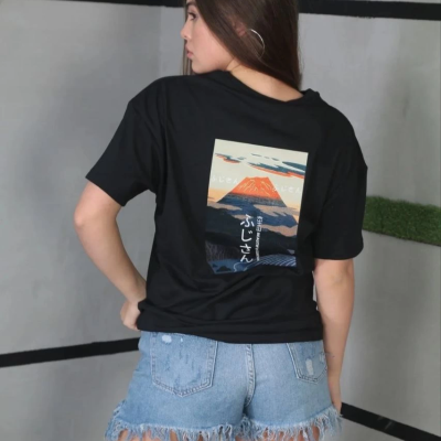 Bisiklet Yaka Baskılı Oversize T-Shirt - Siyah -