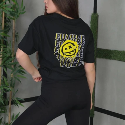 Bisiklet Yaka Baskılı Oversize T-Shirt - Siyah -