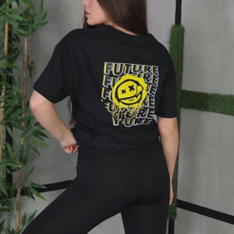 Bisiklet Yaka Baskılı Oversize T-Shirt - Siyah -