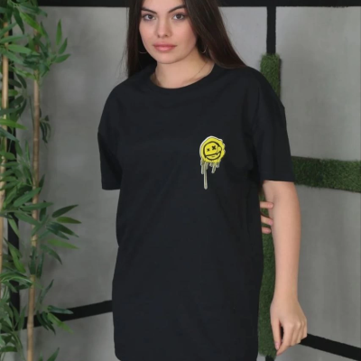 Bisiklet Yaka Baskılı Oversize T-Shirt - Siyah -