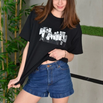 Bisiklet Yaka Baskılı Oversize T-Shirt - Siyah -