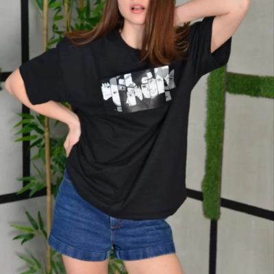 Bisiklet Yaka Baskılı Oversize T-Shirt - Siyah -