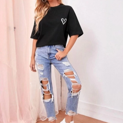 Bisiklet Yaka Baskılı Oversize T-Shirt - Siyah -