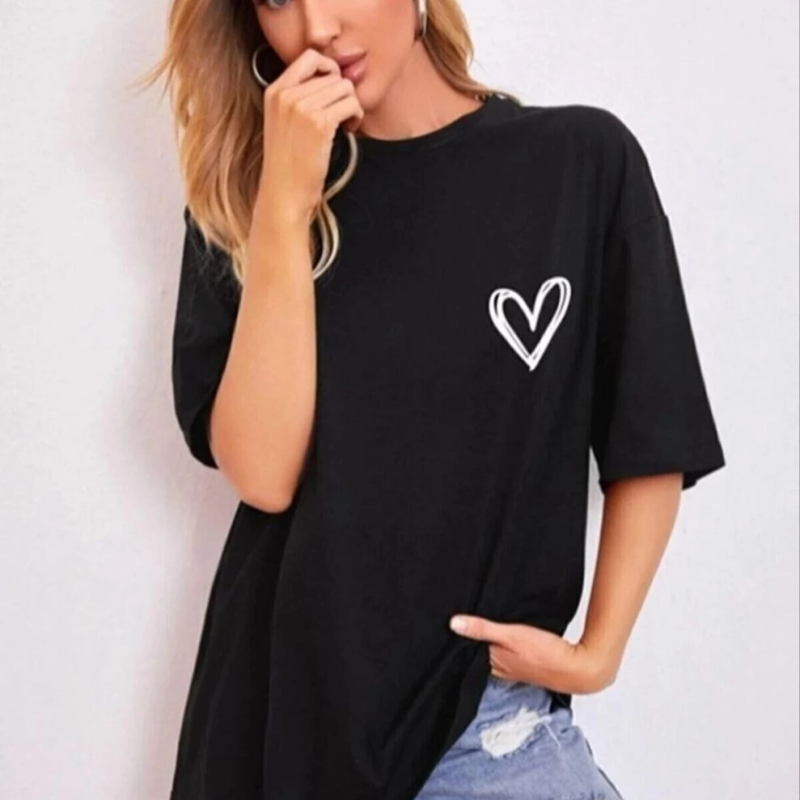 Bisiklet Yaka Baskılı Oversize T-Shirt - Siyah -