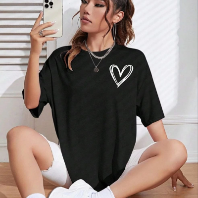 Bisiklet Yaka Baskılı Oversize T-Shirt - Siyah -