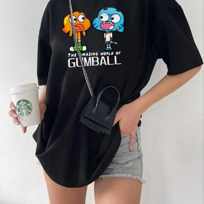 Bisiklet Yaka Baskılı Oversize T-Shirt - Siyah -