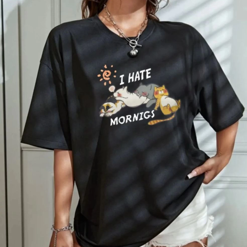 Bisiklet Yaka Baskılı Oversize T-Shirt - Siyah -