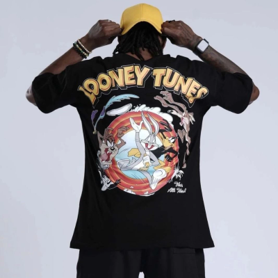 Bisiklet Yaka Baskılı Oversize T-Shirt - Siyah -