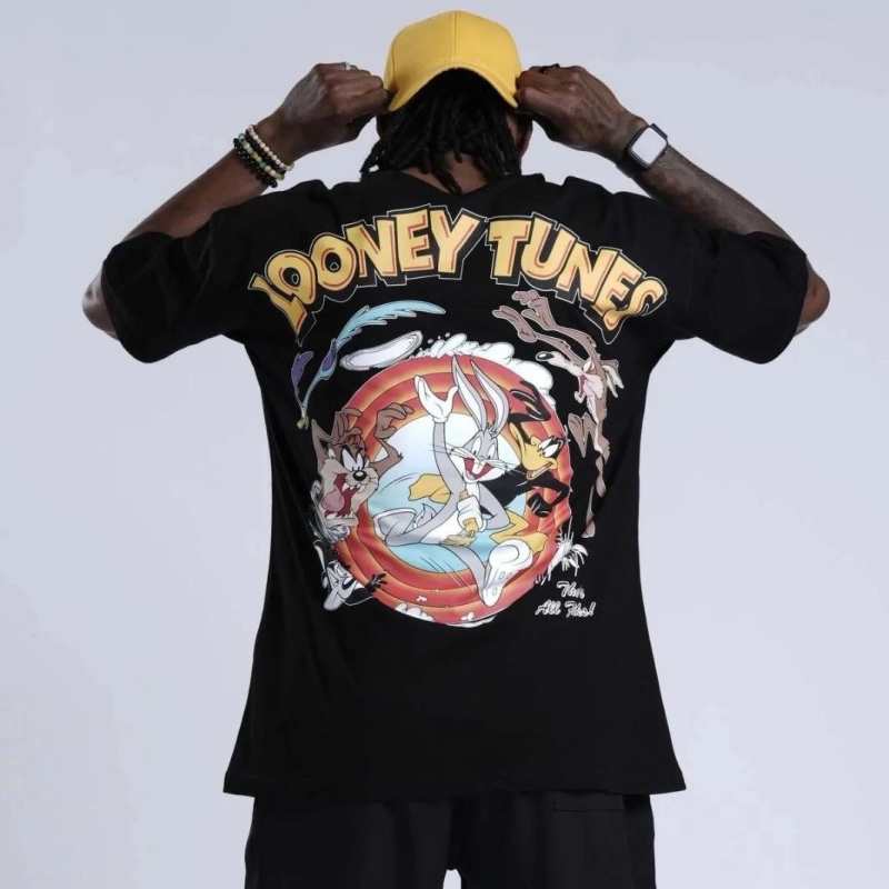 Bisiklet Yaka Baskılı Oversize T-Shirt - Siyah -