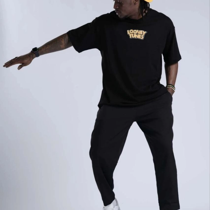 Bisiklet Yaka Baskılı Oversize T-Shirt - Siyah -