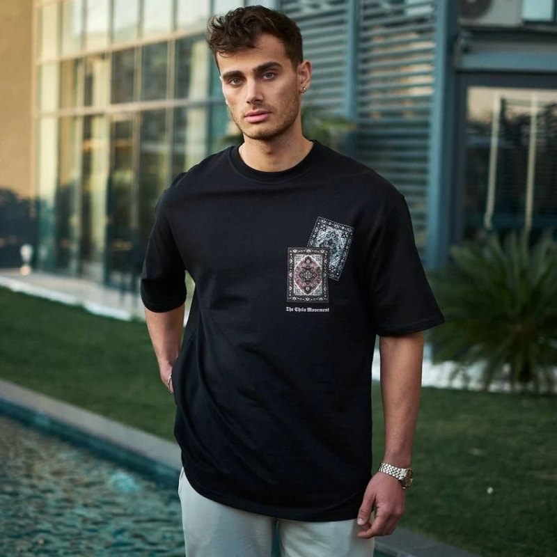 Bisiklet Yaka Baskılı Oversize T-Shirt - Siyah -