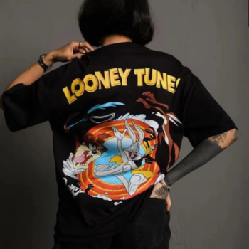 Bisiklet Yaka Baskılı Oversize T-Shirt - Siyah -