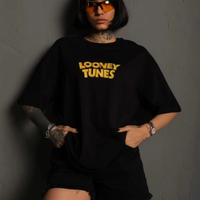 Bisiklet Yaka Baskılı Oversize T-Shirt - Siyah -