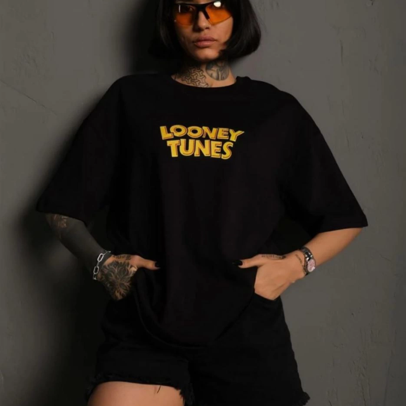 Bisiklet Yaka Baskılı Oversize T-Shirt - Siyah -