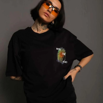 Bisiklet Yaka Baskılı Oversize T-Shirt - Siyah -