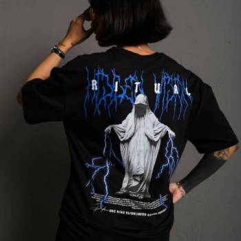 Bisiklet Yaka Baskılı Oversize T-Shirt - Siyah -