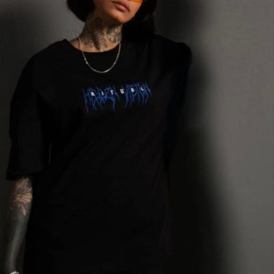 Bisiklet Yaka Baskılı Oversize T-Shirt - Siyah -