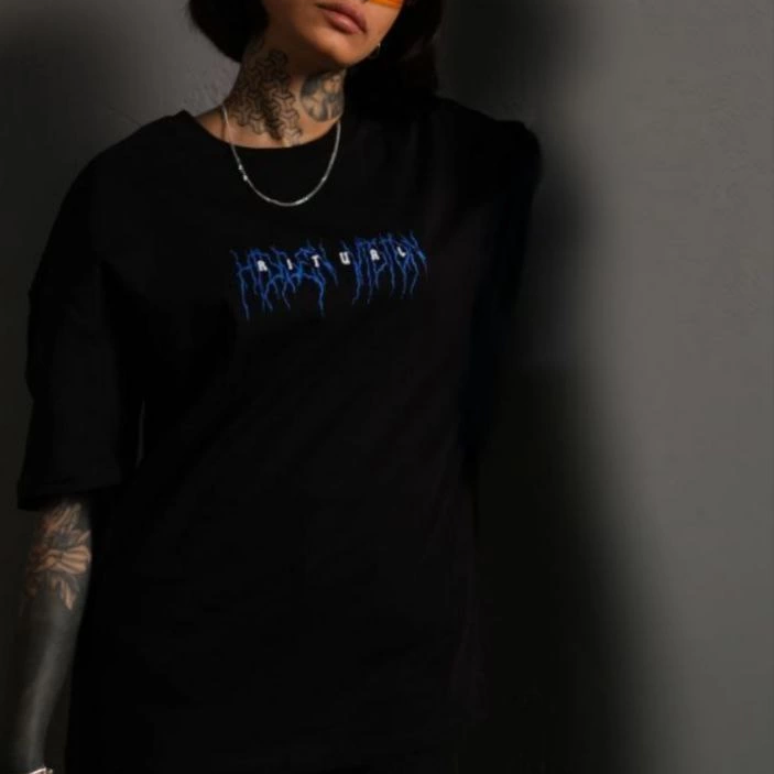 Bisiklet Yaka Baskılı Oversize T-Shirt - Siyah -