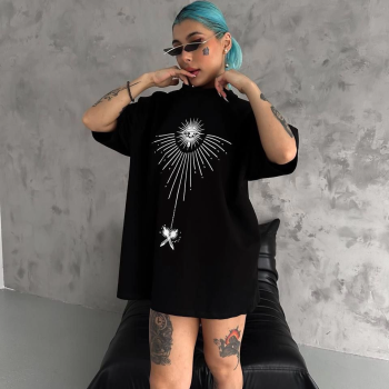 Bisiklet Yaka Baskılı Oversize T-Shirt - Siyah