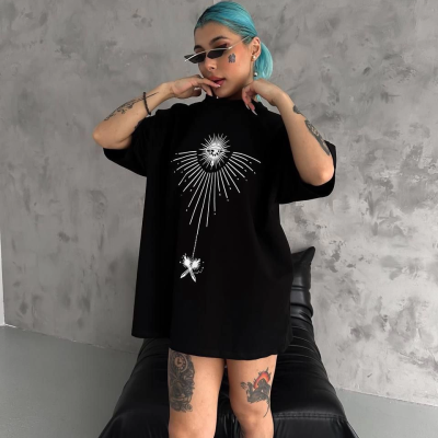 Bisiklet Yaka Baskılı Oversize T-Shirt - Siyah