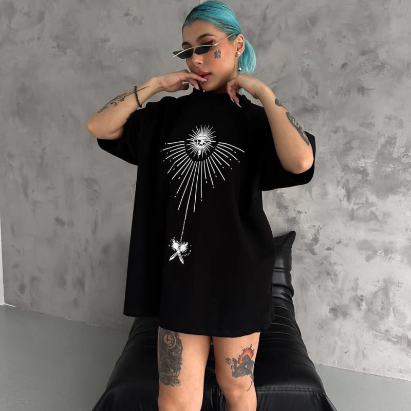 Bisiklet Yaka Baskılı Oversize T-Shirt - Siyah