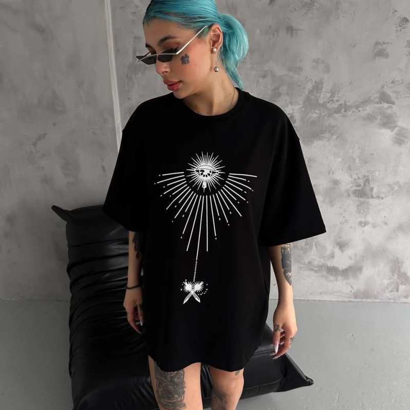Bisiklet Yaka Baskılı Oversize T-Shirt - Siyah