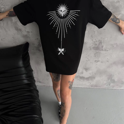 Bisiklet Yaka Baskılı Oversize T-Shirt - Siyah