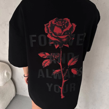 Bisiklet Yaka Baskılı Oversize T-Shirt - Siyah -