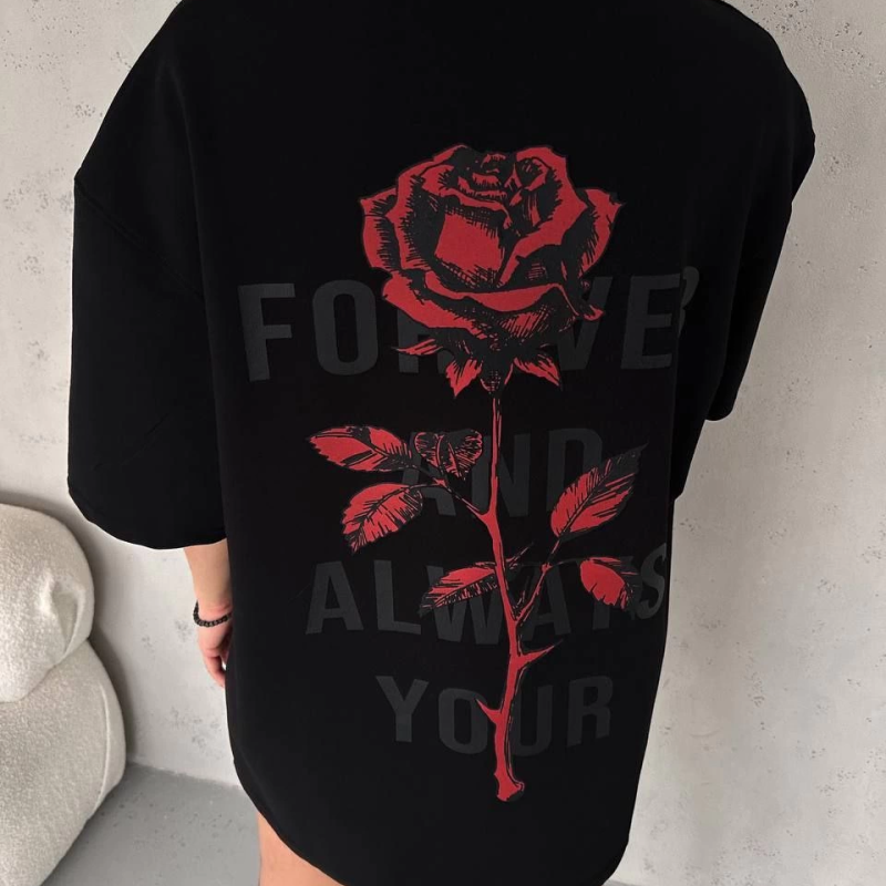 Bisiklet Yaka Baskılı Oversize T-Shirt - Siyah -