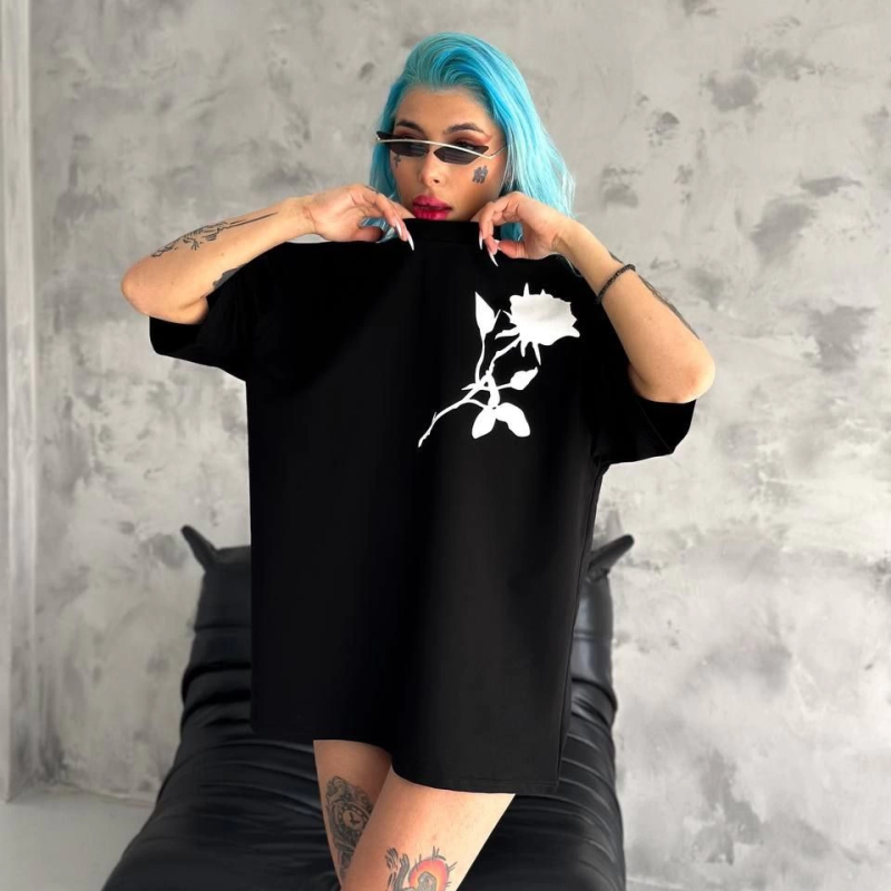 Bisiklet Yaka Baskılı Oversize T-Shirt - Siyah -